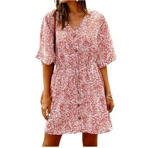 ZXZY Women's Floral Printed Buttons Tie Waist Short Sleeves Mini Dress - Orange